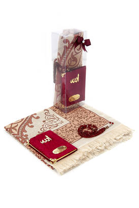 Pocket Size Velvet Yasin Book - Prayer Rug - Rosary and Mevlid Gift with Transparent Box - Claret Red - 1