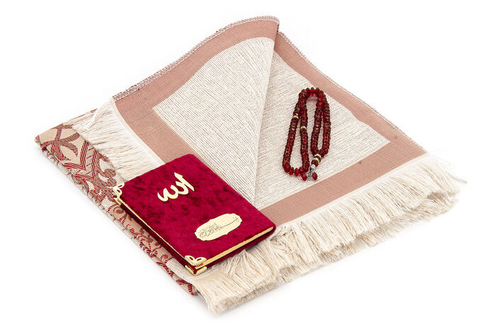 Pocket Size Velvet Yasin Book - Prayer Rug - Rosary and Mevlid Gift with Transparent Box - Claret Red - 2