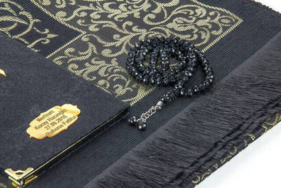 Pocket Size Velvet Yasin Book Prayer Rug With Name Plate Rosary Boxed Special Set Black - 3