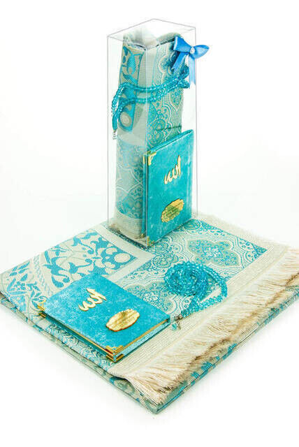 Pocket Size Velvet Yasin Book Prayer Rug With Name Plate Rosary Boxed Special Set Blue - 1