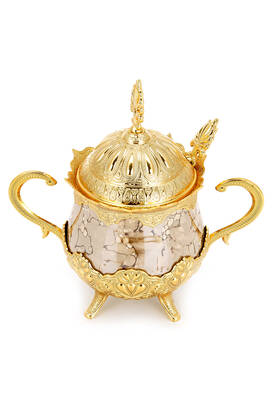 Porcelain Round Sugar Bowl with Spoon Brown Patterned Gold Color - 1