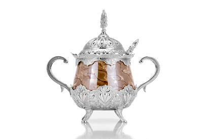 Porcelain Round Sugar Bowl with Spoon Brown Patterned Silver Color - 2