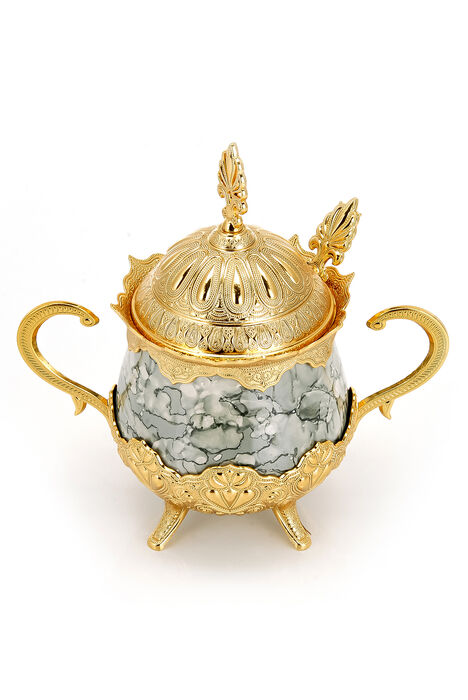 Porcelain Round Sugar Bowl with Spoon Gray Patterned Gold Color - 1