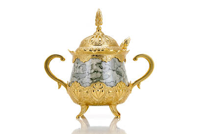 Porcelain Round Sugar Bowl with Spoon Gray Patterned Gold Color - 2