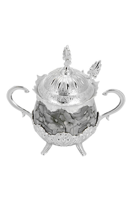 Porcelain Round Sugar Bowl with Spoon Gray Patterned Silver Color - 1