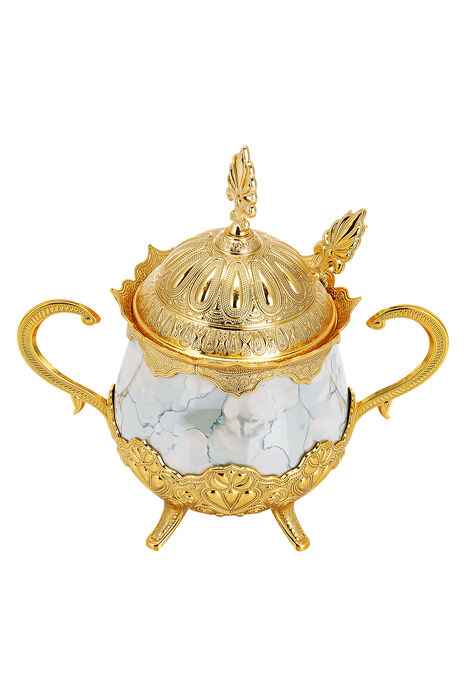 Porcelain Round Sugar Bowl with Spoon Blue Patterned Gold Color - 1