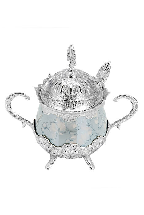 Porcelain Round Sugar Bowl with Spoon Blue Patterned Silver Color - 1