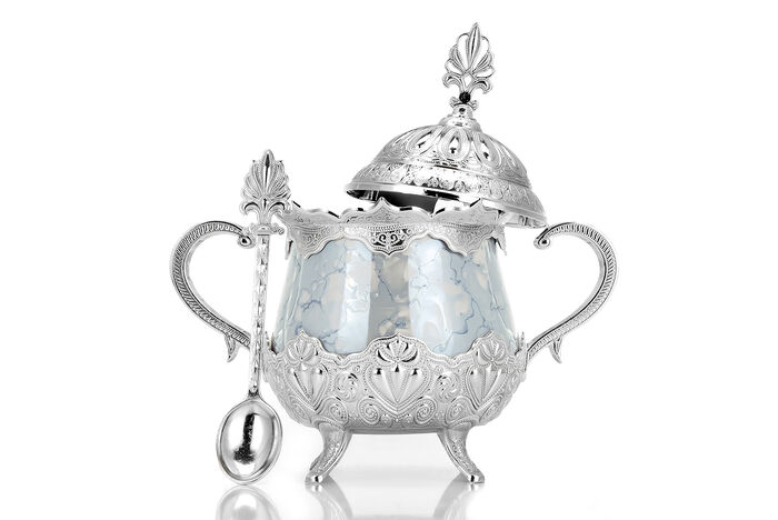 Porcelain Round Sugar Bowl with Spoon Blue Patterned Silver Color - 3