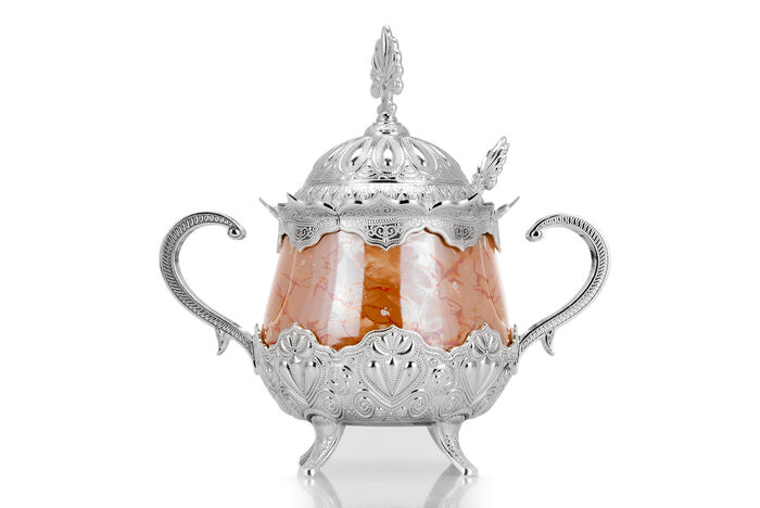 Porcelain Round Sugar Bowl with Spoon Orange Patterned Silver Color - 2