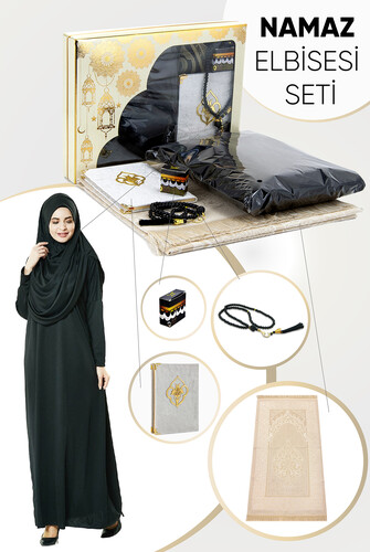 Practical Headscarf One-Piece Prayer Dress and Prayer Rug Set Black - 1