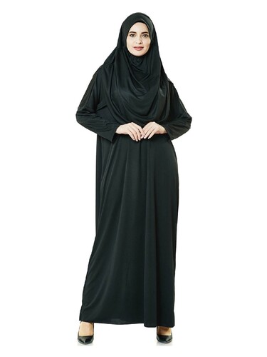 Practical Headscarf One-Piece Prayer Dress and Prayer Rug Set Black - 5