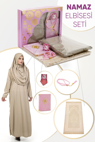 Practical Headscarved One-Piece Prayer Dress and Prayer Rug Set Pink - 1