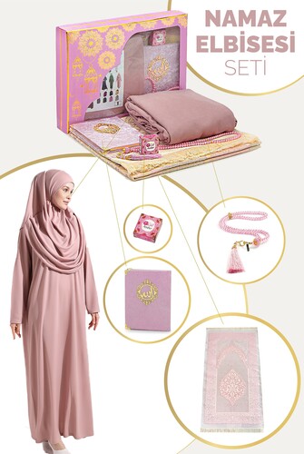 Practical One-Piece Prayer Dress and Prayer Rug Set with Headscarf, Dusty Rose - 1