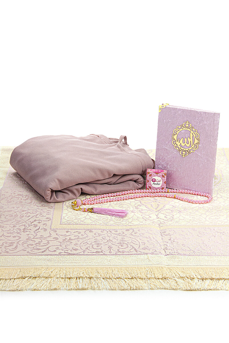 Practical One-Piece Prayer Dress and Prayer Rug Set with Headscarf, Dusty Rose - 3