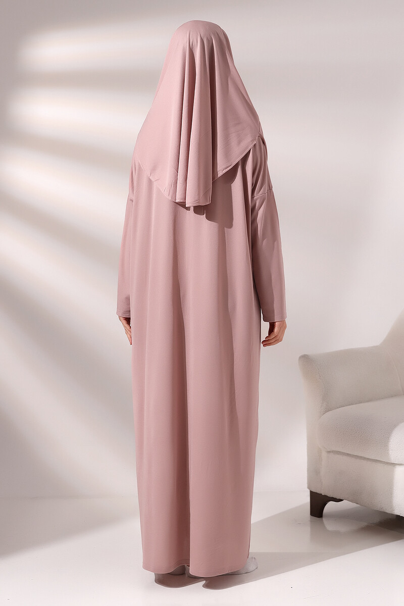 Practical One-Piece Prayer Dress and Prayer Rug Set with Headscarf, Dusty Rose - 6