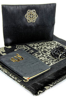 Prayer Rug Set - Slub Covered Yasin - Prayer Rug - Rosary - Black Color - 1