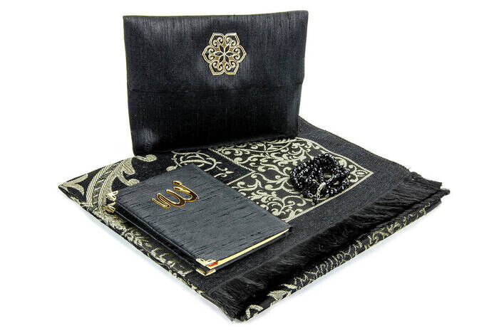 Prayer Rug Set - Slub Covered Yasin - Prayer Rug - Rosary - Black Color - 2