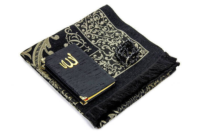 Prayer Rug Set - Slub Covered Yasin - Prayer Rug - Rosary - Black Color - 3