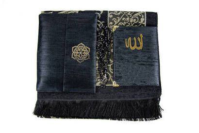 Prayer Rug Set - Slub Covered Yasin - Prayer Rug - Rosary - Black Color - 4