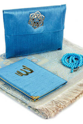 Prayer Rug Set - Slub Covered Yasin - Prayer Rug - Rosary - Blue Color - 1