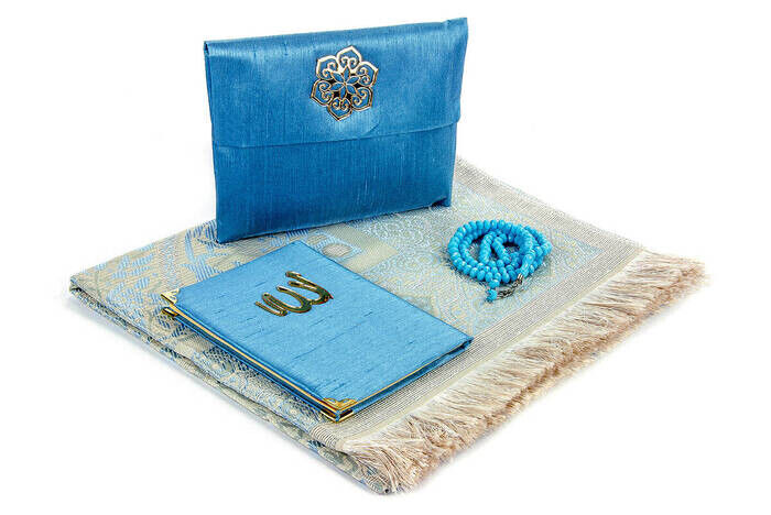 Prayer Rug Set - Slub Covered Yasin - Prayer Rug - Rosary - Blue Color - 2