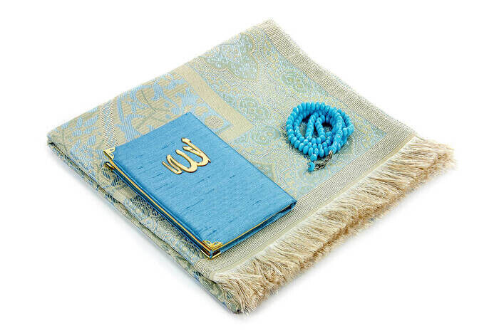 Prayer Rug Set - Slub Covered Yasin - Prayer Rug - Rosary - Blue Color - 3