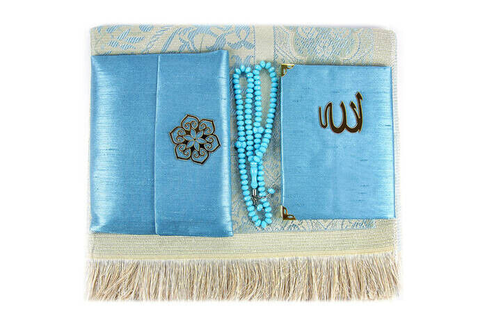 Prayer Rug Set - Slub Covered Yasin - Prayer Rug - Rosary - Blue Color - 4