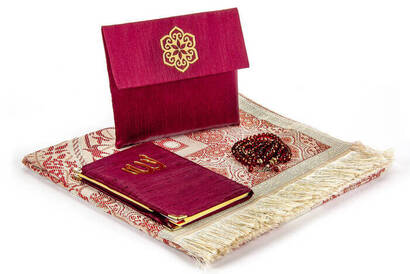 Prayer Rug Set - Slub Covered Yasin - Prayer Rug - Rosary - Claret Red Color - 2