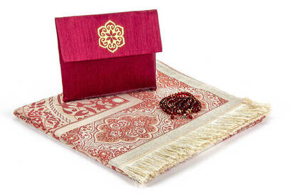 Prayer Rug Set - Slub Covered Yasin - Prayer Rug - Rosary - Claret Red Color - 3