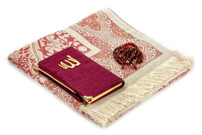 Prayer Rug Set - Slub Covered Yasin - Prayer Rug - Rosary - Claret Red Color - 4