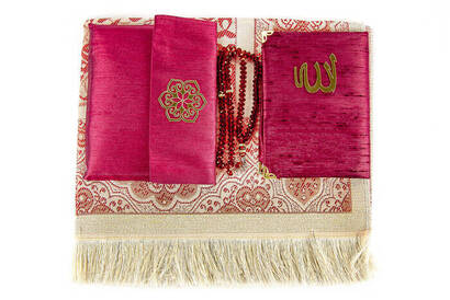 Prayer Rug Set - Slub Covered Yasin - Prayer Rug - Rosary - Claret Red Color - 5