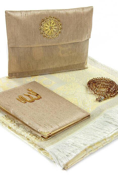 Prayer Rug Set - Slub Covered Yasin - Prayer Rug - Rosary - Cream Color - 1