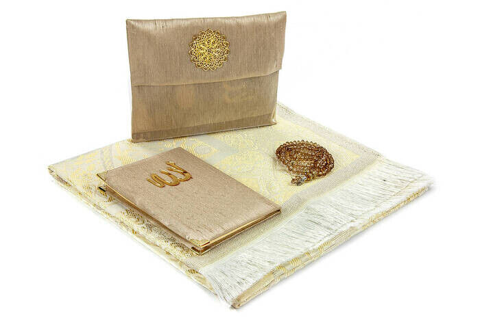 Prayer Rug Set - Slub Covered Yasin - Prayer Rug - Rosary - Cream Color - 2