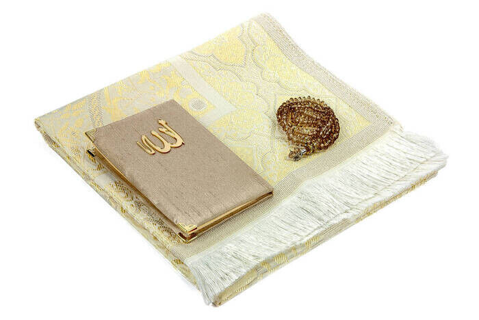 Prayer Rug Set - Slub Covered Yasin - Prayer Rug - Rosary - Cream Color - 3