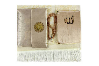 Prayer Rug Set - Slub Covered Yasin - Prayer Rug - Rosary - Cream Color - 4