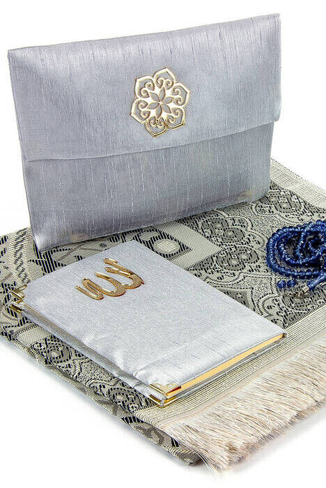 Prayer Rug Set - Slub Covered Yasin - Prayer Rug - Rosary - Gray Color - 1