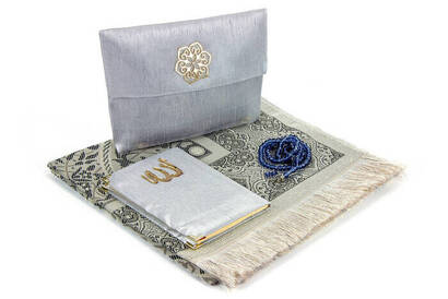 Prayer Rug Set - Slub Covered Yasin - Prayer Rug - Rosary - Gray Color - 2