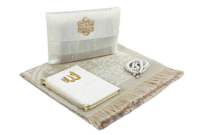 Prayer Rug Set - Slub Covered Yasin - Prayer Rug - Rosary - White Color - 2