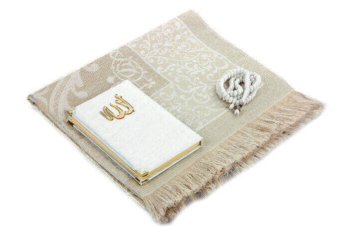 Prayer Rug Set - Slub Covered Yasin - Prayer Rug - Rosary - White Color - 3