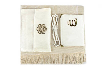 Prayer Rug Set - Slub Covered Yasin - Prayer Rug - Rosary - White Color - 4