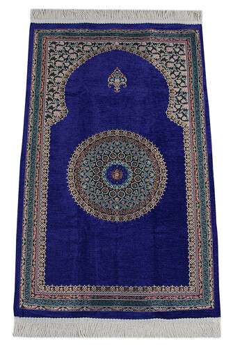 Purple Traditional Motif Knitted Fringed Mihrab Lined Chenille Prayer Rug - 1