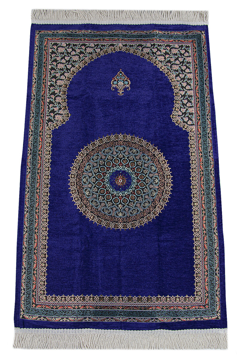 Purple Traditional Motif Knitted Fringed Mihrab Lined Chenille Prayer Rug - 1