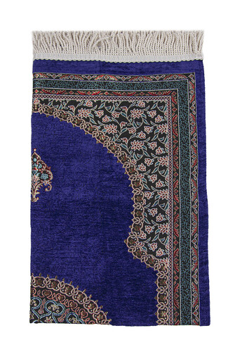 Purple Traditional Motif Knitted Fringed Mihrab Lined Chenille Prayer Rug - 3