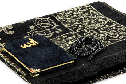 PVC Boxed Prayer Rug Set - Velvet Covered Yasin - Prayer Rug - Rosary - Black Color - 3