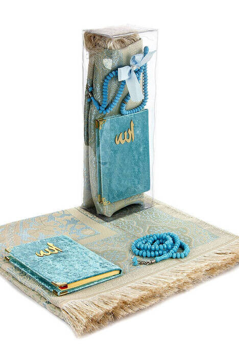 PVC Boxed Prayer Rug Set - Velvet Covered Yasin - Prayer Rug - Rosary - Blue Color - 1