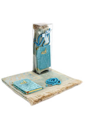 PVC Boxed Prayer Rug Set - Velvet Covered Yasin - Prayer Rug - Rosary - Blue Color - 2