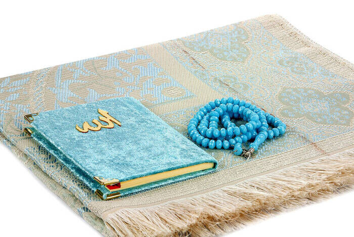 PVC Boxed Prayer Rug Set - Velvet Covered Yasin - Prayer Rug - Rosary - Blue Color - 3