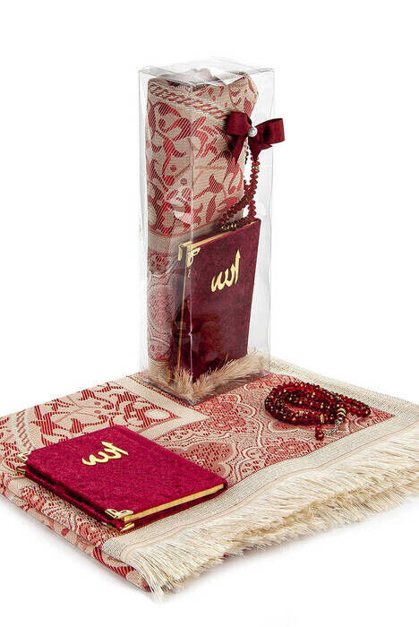 PVC Boxed Prayer Rug Set - Velvet Covered Yasin - Prayer Rug - Rosary - Claret Red - 1