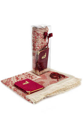 PVC Boxed Prayer Rug Set - Velvet Covered Yasin - Prayer Rug - Rosary - Claret Red - 2