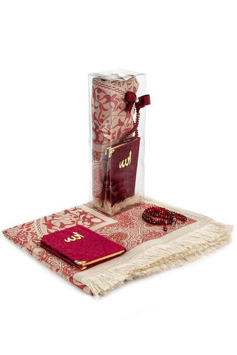 PVC Boxed Prayer Rug Set - Velvet Covered Yasin - Prayer Rug - Rosary - Claret Red - 2